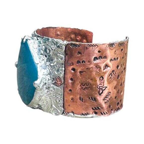 Rustic Copper & Silver Hammered Cuff Bracelet W/ Blue Agate Teardrop Gemstone - Picture 8 of 16
